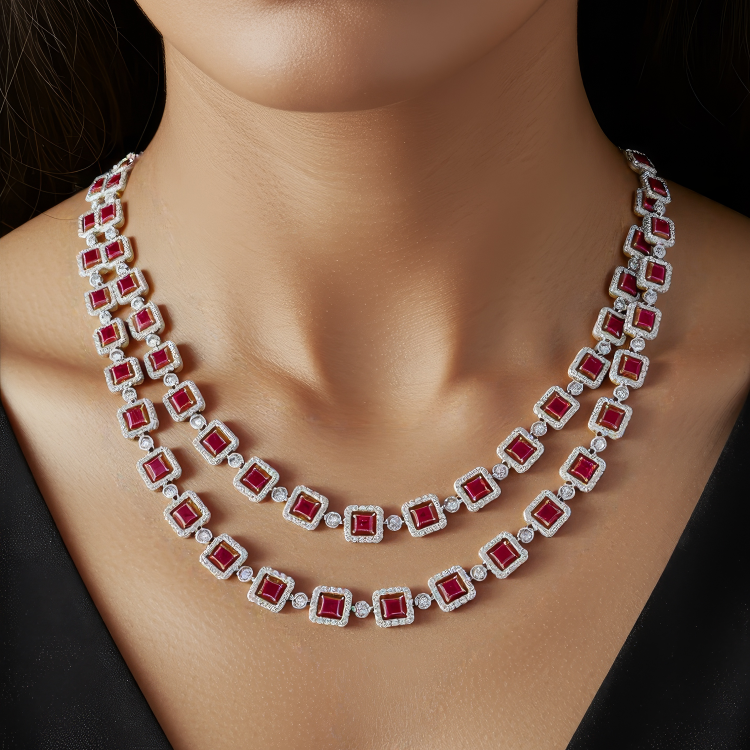 Necklace with red gemstones and white stones on a black background